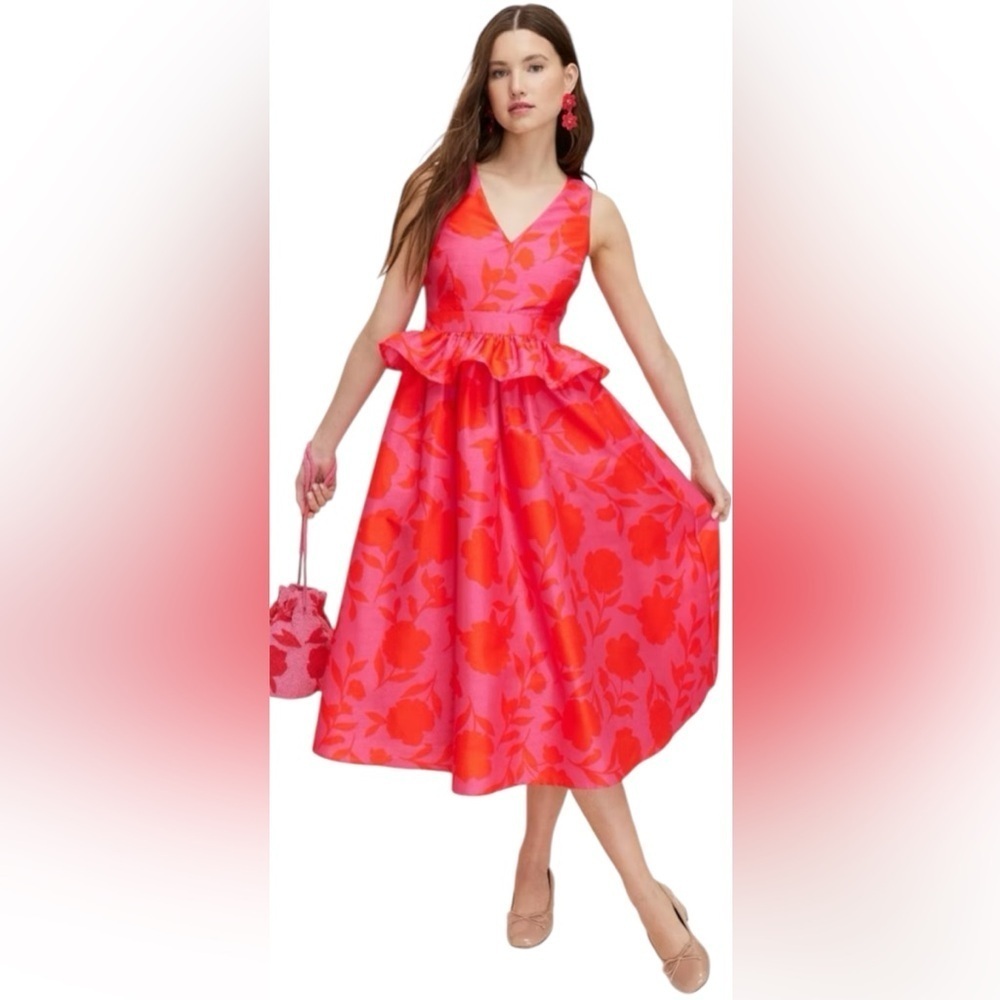 Kate Spade NEW Pink Red Floral Peplum V Neck Midi Dress, Women’s Size 2